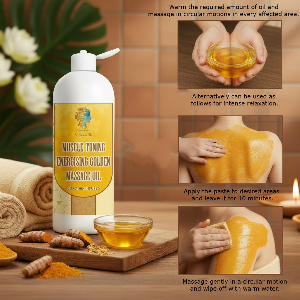 CHELURE Muscle Toning Massage Oil with Curcumin | Ayurvedic Energising Golden Body Oil for Pain Relief, Firming & Detox | Cold Pressed & Herbal – 500ml