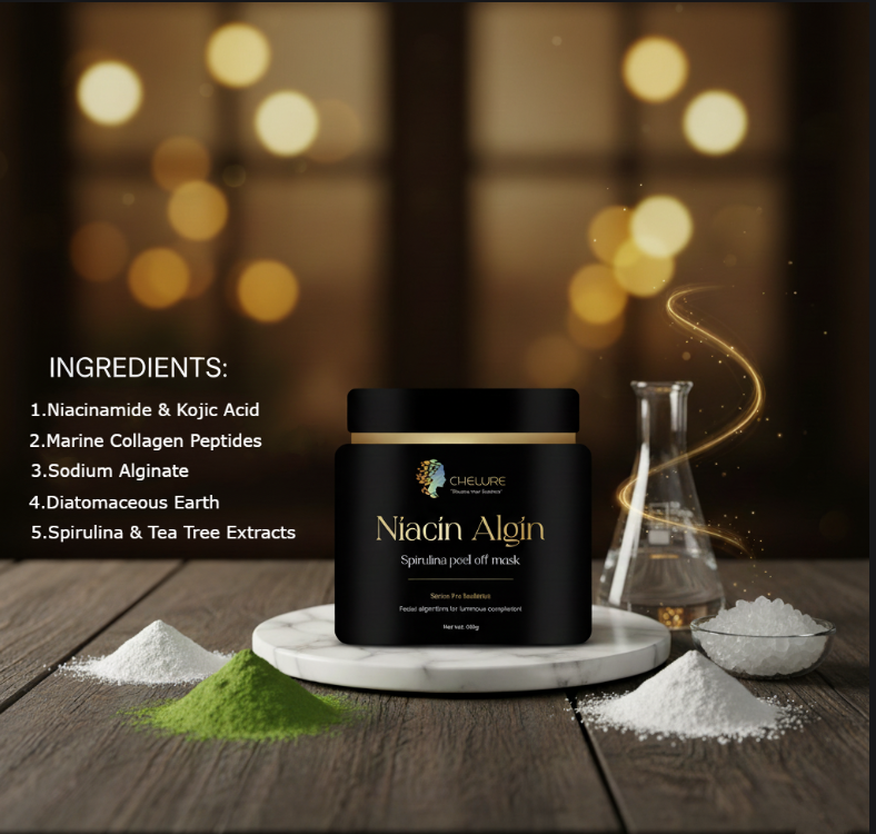 CHELURE Niacin Algin Spirulina Peel Off Mask | Enriched with Niacinamide, Marine Collagen & Tea Tree Extracts | Professional Facial for Radiant Skin | 500g