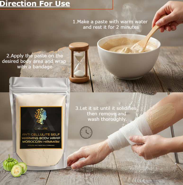 CHELURE Anti-Cellulite Self-Warming Body Wrap – Moroccan Hammam | Zeolite & Garcinia Cambogia | 500g Detox Wrap for Men & Women