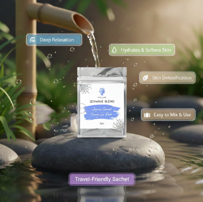 CHELURE Zenwave Blend Japanese Seaweed Massage Gel Powder – 5g – Relaxing Spa-Grade Gel for Face & Body | Soothing Natural Skincare | Anti-Stress, Hydrating & Detoxifying Gel | Unisex, Vegan