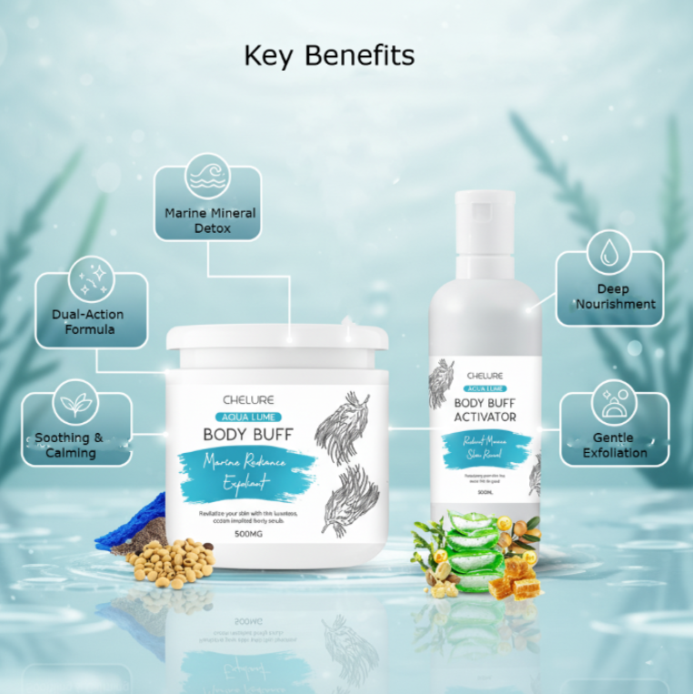 CHELURE Aqua Lume Body Buff & Activator Duo – Marine Radiance Exfoliant + Skin Revival Treatment (2-Step Oceanic Glow System)