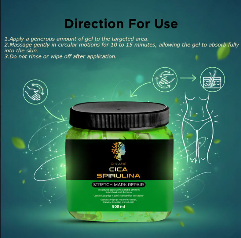 CHELURE Stretch Mark Repair Gel with Centella Asiatica & Spirulina | Anti Cellulite | Fades Stretch Marks & Scars | Skin Tightening | 500 ml