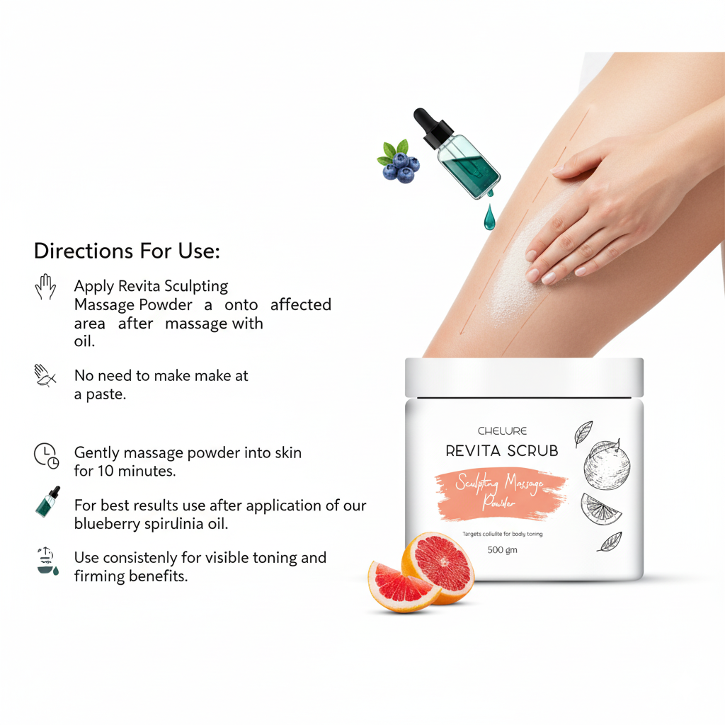 CHELURE  Revita Powder Scrub Sculpting Massage Powder – 500g | Anti-Cellulite Body Toning Powder | With French Pink Clay, Garcinia cambogia & Cinnamon